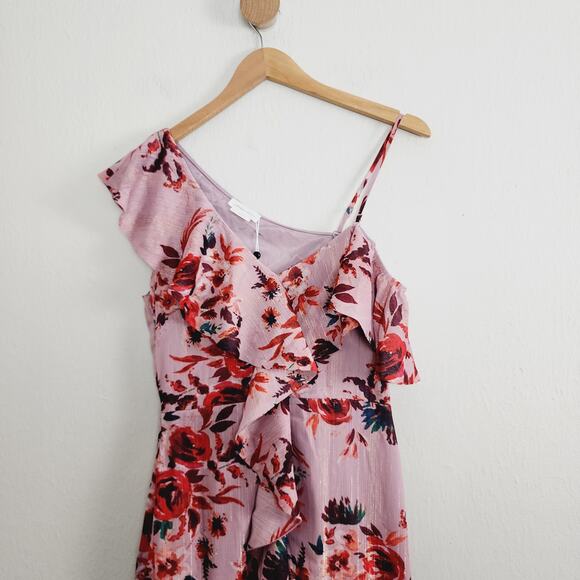 Lovers + Friends Stacey Ruffle Midi Dress Pink Red Floral Asymmetric Small NWT - Picture 5 of 15